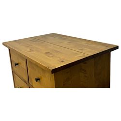 Laura Ashley - contemporary oak tall chest of drawers from the Garrat range, honeycomb rectangular top featuring central groove, over four small drawers with brass knob pulls and four long drawers with drop handles, on plinth base