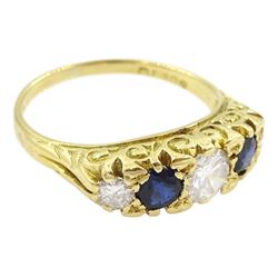18ct gold five stone round brilliant cut diamond and sapphire ring, London 1975, total diamond weight approx 0.60 carat