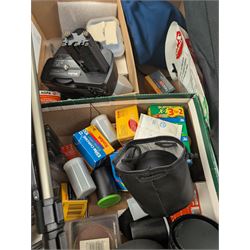 Minolta Dimage F300 digital camera and a Hitachi HDC-1499 digital camera, both boxed, together with a collection of camera accessories including filters, straps and cases 