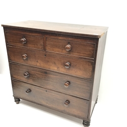 19th century mahogany chest, two short and three long drawers, turned supports, W115cm, H114cm, D55cm
