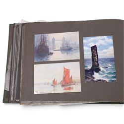 Two early to mid 20th century postcard albums, containing black and white and colour postcards, the first labelled Meine Reisen in Indien containing postcards of Arabia, India, Egypt, some personal photographs and newspaper clippings, of postcards, the second labelled Meine Reisen in England, containing mostly postcards of London, some greetings cards etc
