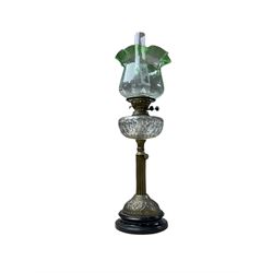 Oil lamp with frilled green glass shade, glass reservoir, upon upon corinthian column with stepped circular base, H74cm