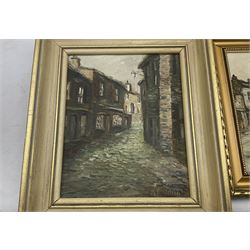 Barbara C Shaw (Northern British 20th century): 'Lane into Thorpe' and 'Main Street', two oil on boards signed together with M Yeadon (Northern British contemporary): 'Howarth Main Street Bronte Country', oil on board signed max 24cm x 39cm (3)