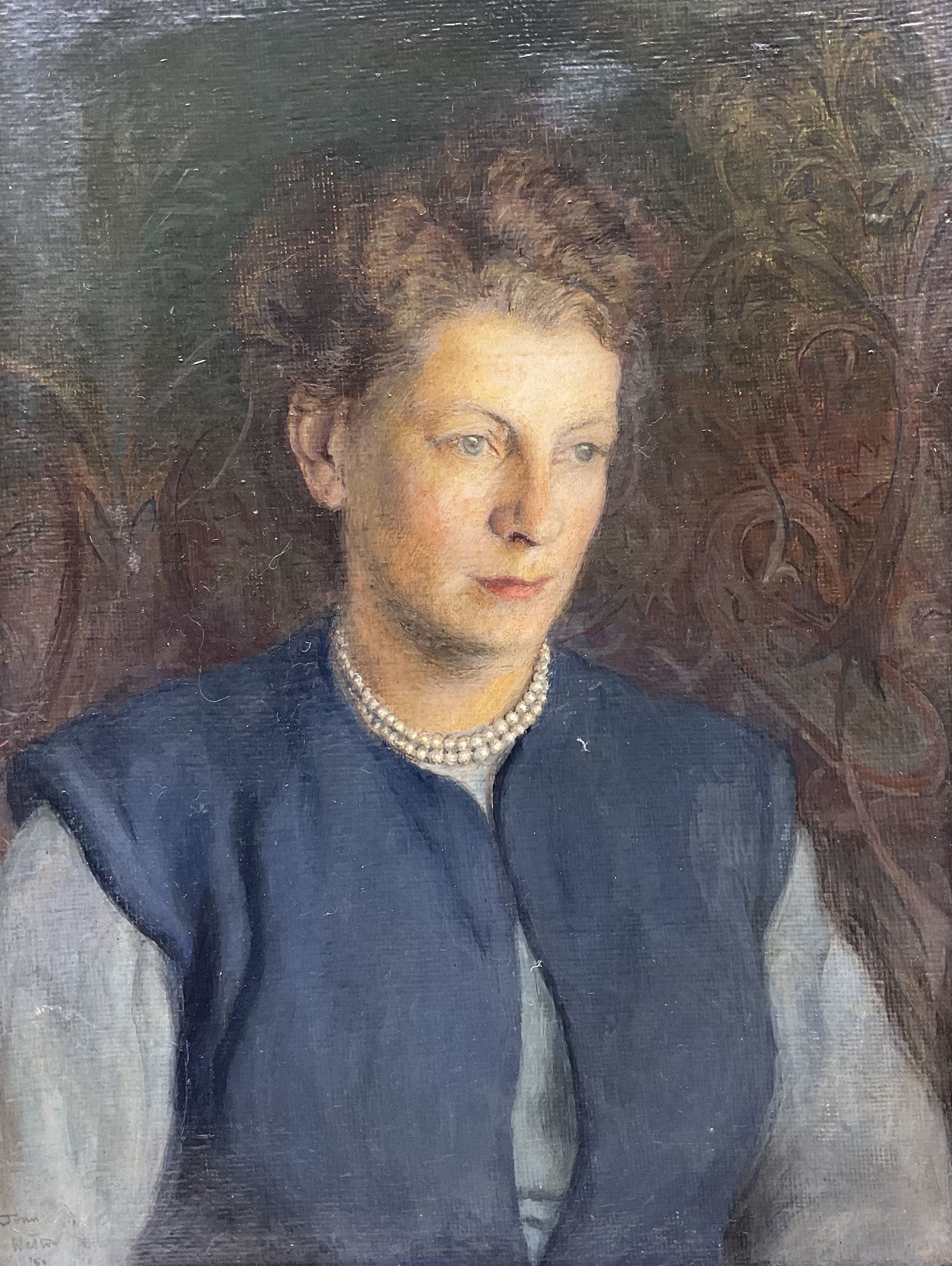 John Walton (British 1925- 2023): Portrait of a Lady with Pearl Necklace, oil on board signed and dated '50, possible corresponding photograph verso 40cm x 30cm 