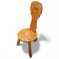 Gnomeman - oak spinning chair, shaped adzed back with carving of a Yorkshire rose, adzed s...