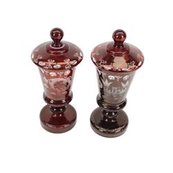 Pair of Victorian Bohemian ruby glass goblet and cover, together with a blue glass decanter and a ruby plate with silvered overlay, goblets H24cm 
