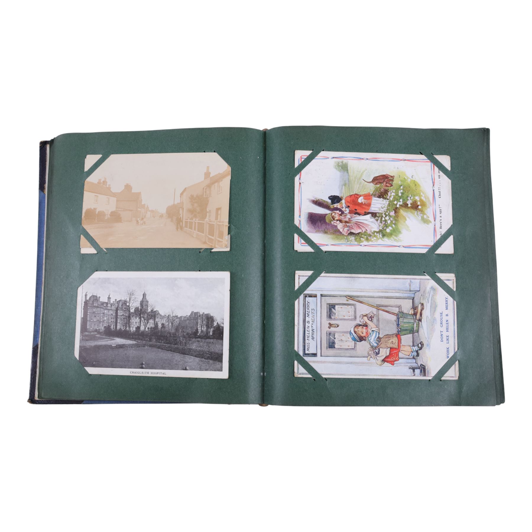 Collection of early 20th century postcards and greetings cards, including WWI embroidered silk Christmas card, black and white family photographs, 1920s birthday cards, black and white and colour postcards of Margate, Ramsgate, Blackpool etc, housed in three postcard albums