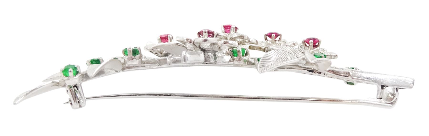 White gold old cut and single cut diamond, ruby and emerald flower spray brooch