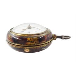 George III gilt and tortoise shell pair cased verge fusee pocket watch by Samuel Corbett, Hadleigh, No. 583, pierced and engraved balance cock, white enamel dial with Roman hours and outer Arabic minute ring, the tortoiseshell outer case painted with fern decoration