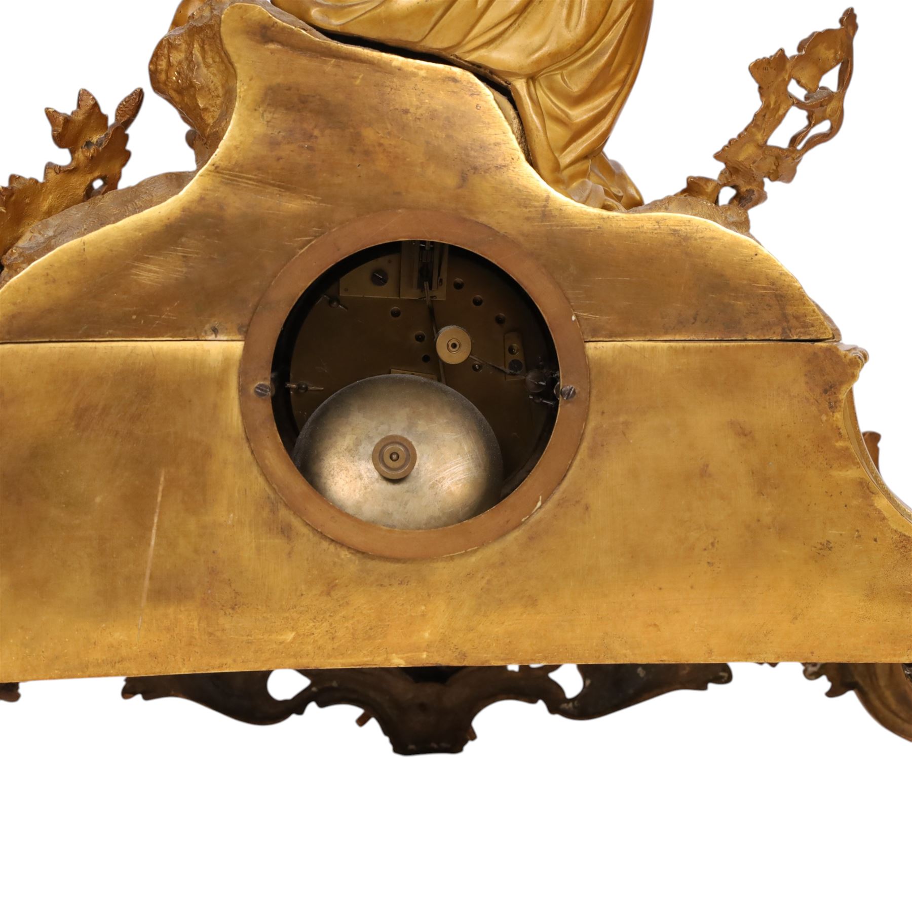 19th century French ormolu mantel clock, retailed by J & W Marshall, Paris, surmounted with a figure of in neo classical dress, with enamelled Roman dial marked James & Walter Marshall, H39cm 