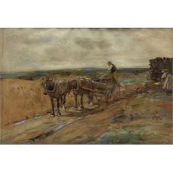  John Atkinson (Staithes Group 1863-1924): 'Cutting Peat', watercolour heightened in white signed, titled verso 37cm x 54cm
Provenance: with Christopher Wood, Motcomb St., London, label verso