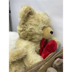 Collection of teddy bears, including three large Valentines teddy bears, a smaller example, quantity of dolls and two floral pictures, in three boxes
