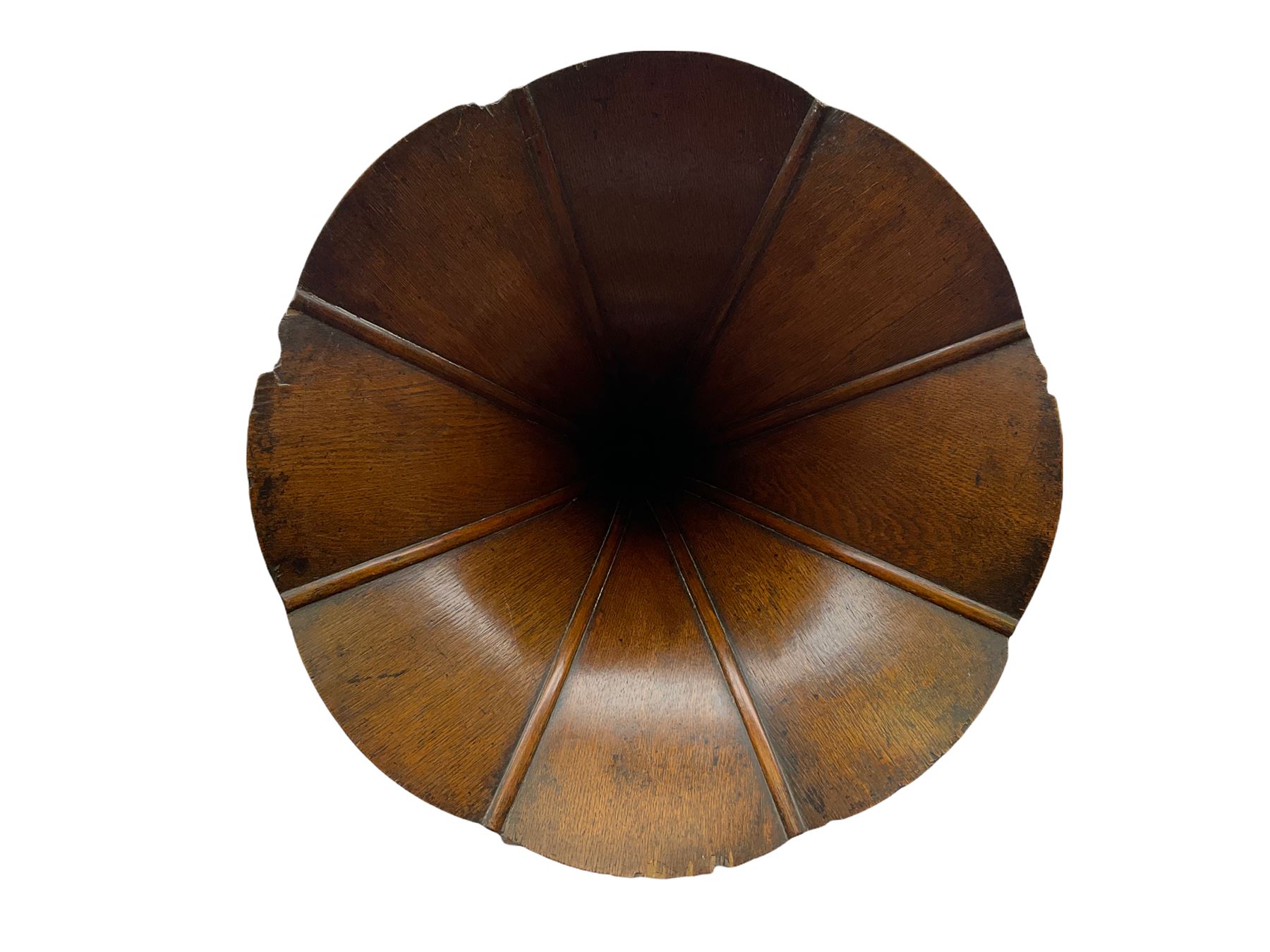 Early 20th century oak cased gramophone, the motor marked 'Garrard No.20 REF No.1030', with ribbed oak horn, base 30cm square; with one 78rpm record and Columbia tin of needles