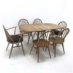 Ercol drop leaf elm and beech dining table (W140cm, H72cm, D75cm) and set six (4+2) Windsor dining chairs (W63cm)