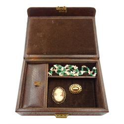 Victorian 9ct gold mourning brooch, Birmingham 1900, late 20th century 9ct gold cameo brooch and a aventurine and pink coral necklace, in a montana calf leather jewellery box