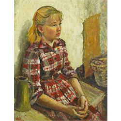 Brian Vale (British 1930-2008): Portrait of a Girl with a Green Jug, oil on canvas signed ...