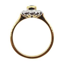 18ct gold emerald cut aquamarine and round brilliant cut diamond cluster ring, hallmarked, aquamarine approx 0..60 carat, total diamond weight approx 0.30 carat