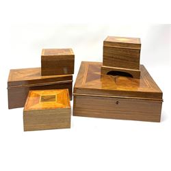 Five modern veneered boxes, with harlequin inlay including mahogany and walnut, largest L31.5cm. 