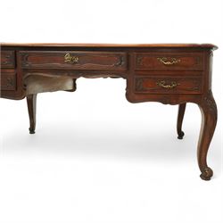 19th-century French mahogany Bureau Plat, inset tooled leather top over three frieze drawers, shaped apron, and cabriole legs carved with acanthus detail 