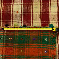 Southwest Persian Jajim kilim, flatwoven wool in a checked pattern of cream and red stripes, bordered with embroidered discs and colourful dot motifs