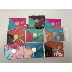 Commemorative and other coinage, including various Queen Elizabeth II 'London 2012 sports collection' fifty pence coins on cards, commemorative crowns, Millennium 2000 'Time Capsule' coin set, channel islands old round one pound coins, part sets etc
