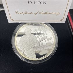 Six Queen Elizabeth II silver proof coins, comprising Government of Niue 2018 ‘The Flanders Remembrance Poppy’ two dollars, Solomon Islands 2020 ‘80th Anniversary of the Battle of Britain’ five dollars, Alderney 2019 ‘The 75th Anniversary of D-Day’ five pound, Alderney 2019 ‘Remembrance Day’ five pound, Bailiwick of Jersey ‘Prince Philip 70 Years of Service’ five pound, Pobjoy Mint Gibraltar 2020 ‘Penny Black’ fifty pence coin, with further Pobjoy Mint Gibraltar 2020 proof sterling silver piedfort ‘Penny Black’ fifty pence coin, all boxed with certificates