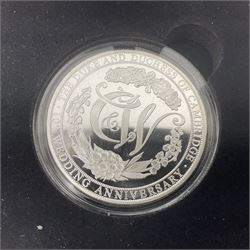 Queen Elizabeth II Channel Islands and Isle of Man silver proof five pound coins, comprising Bailiwick of Jersey 2016 'Lest we Forget', 2019 'D-Day 75th Anniversary' three coin set', Bailiwick of Guernsey 2020 'Florence Nightingale 200th Anniversary' and Isle of Man 2021 'William and Kate Wedding Anniversary', all cased with certificates