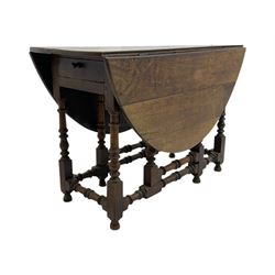 18th century oak drop leaf table, oval top with two drop leaves and frieze drawer, raised on turned supports with turned stretchers