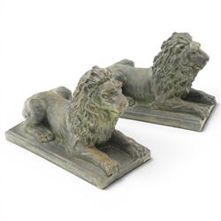 Pair of bronze-effect composition stone recumbent lions, with verdigris-style weathered finish, each raised on rectangular plinth base