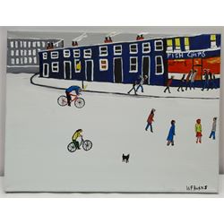 William Findley Burns (Northern British 1949-): 'The Chip Shop', oil on canvas signed, titled verso 30cm x 40cm (unframed)
