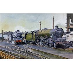 Bernard Whitaker (British 20th century): Trains in the Station, oil on board signed verso 30cm x 48cm