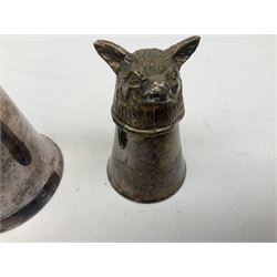 Silver plated fox head stirrup cup and another smaller similar example, set of stirrup cups in hide case, another set with gilt interiors, hip flask, horn cup, two decorated horns, and cigarette box with parquetry detailing and white metal recumbent dog laying upon the lid