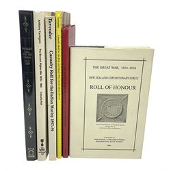 Six medal reference books comprising four Casualty Roll books for Crimea 1854-55, Indian Mutiny 1857-59, Zulu and Basuto Wars South Africa 1877-79 and Second Afghan War 1878-80; WW1 New Zealand Expeditionary Force Roll of Honour; and Lincolnshire Regiment Soldiers Died in the Great War 1914-19 (6)
