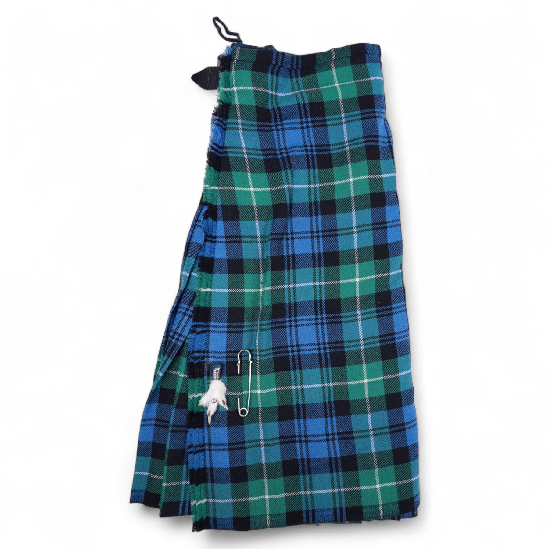 Piping regalia, comprising Armstrong tartan kilt with two kilt pins, three sporrans, including fur example, two jackets, Glengarry hat, other hats, collection of shirts, socks, ties, Hecsan shoes, dirk and belt