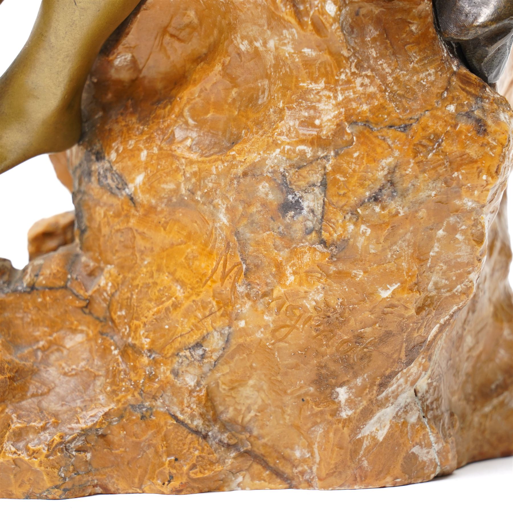 Attributed to Charlotte Monginot (French 1872-1934) - Bronze and marble figure of a child sitting on a rock ,a frog at her feet, signed H26cm x L19cm