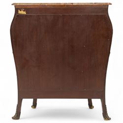 Early 20th-century Louis XV revival Vernis-Martin style bombe-shaped kingwood cabinet, serpentine-shaped variegated Breccia Pernice marble top with moulded edge, the front panel decoration with a painted romantic pastoral scene, interior with two shelves, flanked by gilt bronze masks, sides with diagonally book-matched veneer, bordered by gilt bronze scrolling acanthus mounts, raised on short cabriole form legs with gilt-bronze sabots, key included 