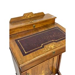 Edwardian inlaid walnut Davenport, raised compartment with divisions and pen rest, sloped hinged top, fitted with single cupboard