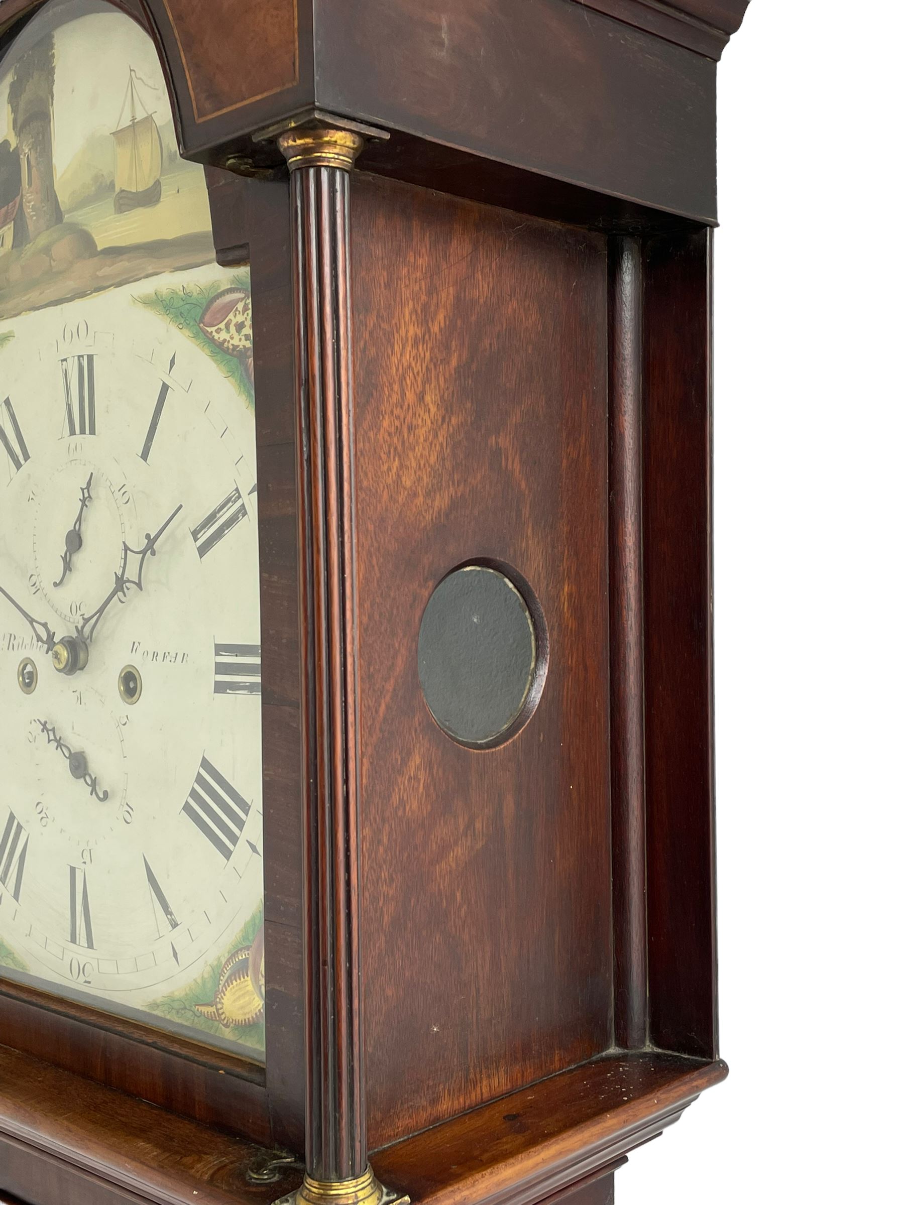 Samuel Ritchie of Forfar - William IV 8-day Scottish longcase clock in a mahogany case, with a swans neck pediment, brass paterae and three ball and spire brass finials, case and trunk inlaid with satinwood stringing on a plinth raised on decorative bracket feet, painted break arch dial depicting a costal scene to the break arch and conch seashells to the spandrels, Roman numerals, subsidiary seconds and date dials with matching steel hands, with a rack striking movement striking the hours on a bell. With weights, key, and pendulum.  Samuel Ritchie is recorded as working in Forfar 1800-37.