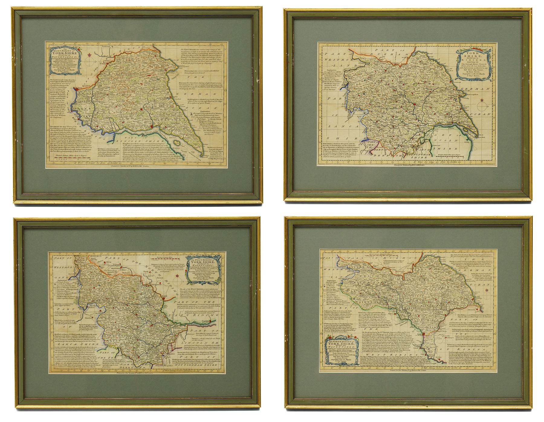 Emanuel Bowen (British 1694-1767): 'Yorkshire Divided into its Ridings' 'North Riding of Yorkshire' 'West Riding of Yorkshire' and 'East Riding of Yorkshire', set of four 18th century engraved maps with hand-colouring pub. Thomas Kitchin c.1750, 24cm x 34cm (4)