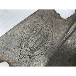 Moroccan jambiya dagger with 24.5cm plain curved blade stamped LONDON to the ricasso area, the hilt and scabbard overlaid with plain sheet brass to the back and ornate silver coloured metal to the front; waisted grip and arched pommel; two pyramid mounts to the scabbard L41cm overall; large billhook with curving blade and stacked leather washer grip; and a reproduction halberd blade (3)