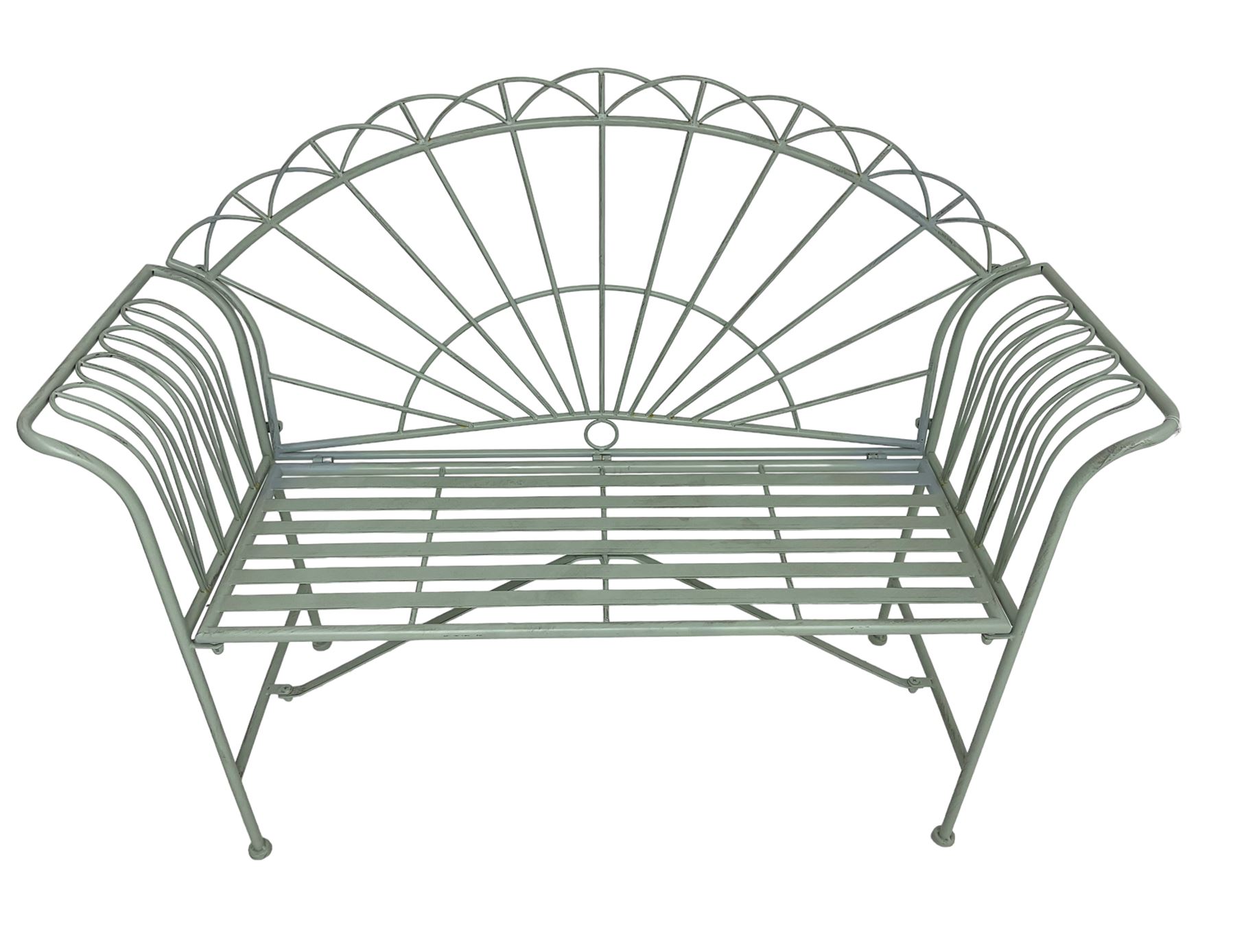 Regency design wrought metal bench, the fan back over out-swept arms, strap seat on supports united by stretchers, in pale teal finish