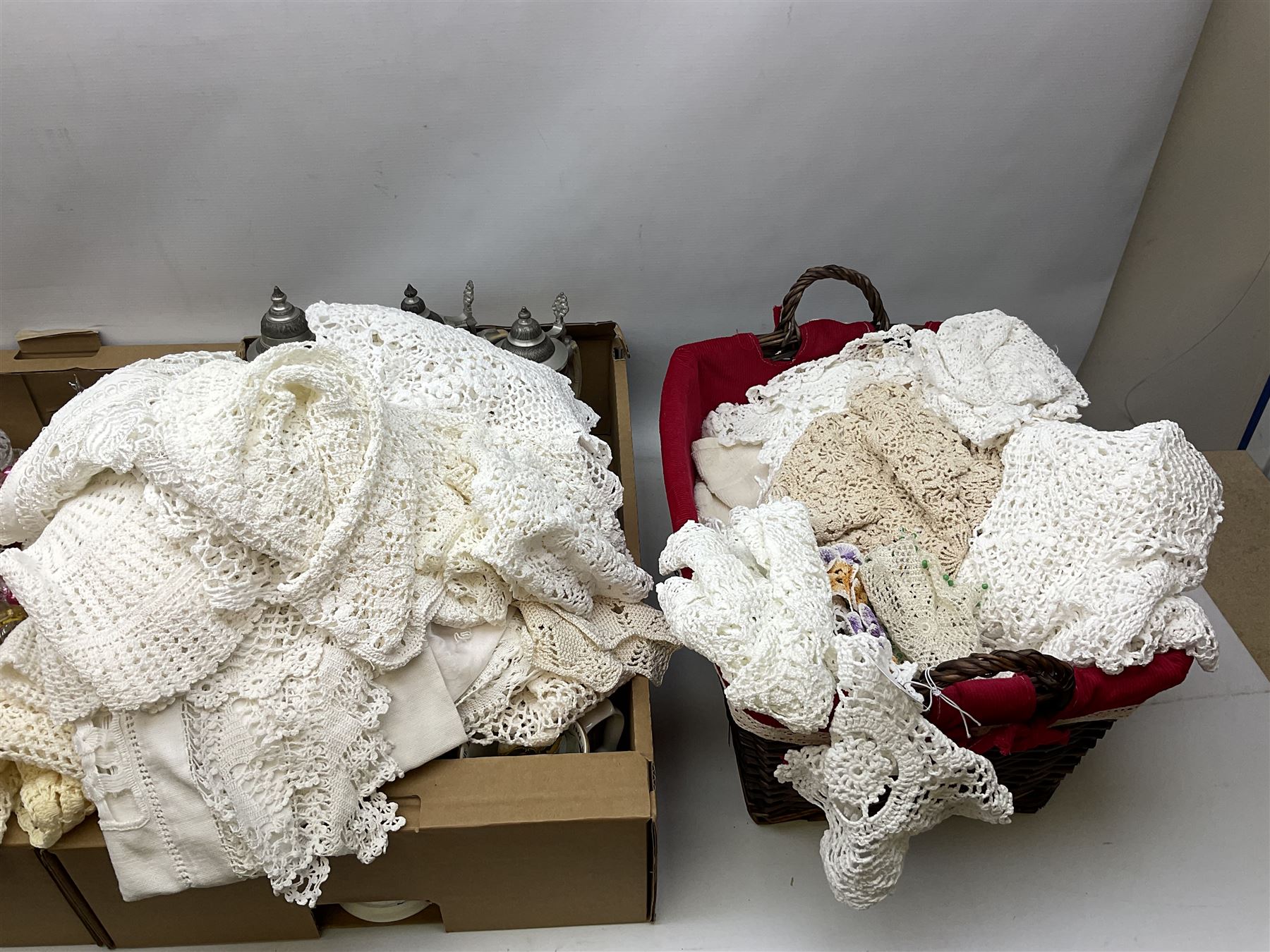 Large collection of glassware to include carnival glass, art glass paperweight, coloured glass, uranium glass, together with three covered steines, ceramic decanters etc, in four boxes 