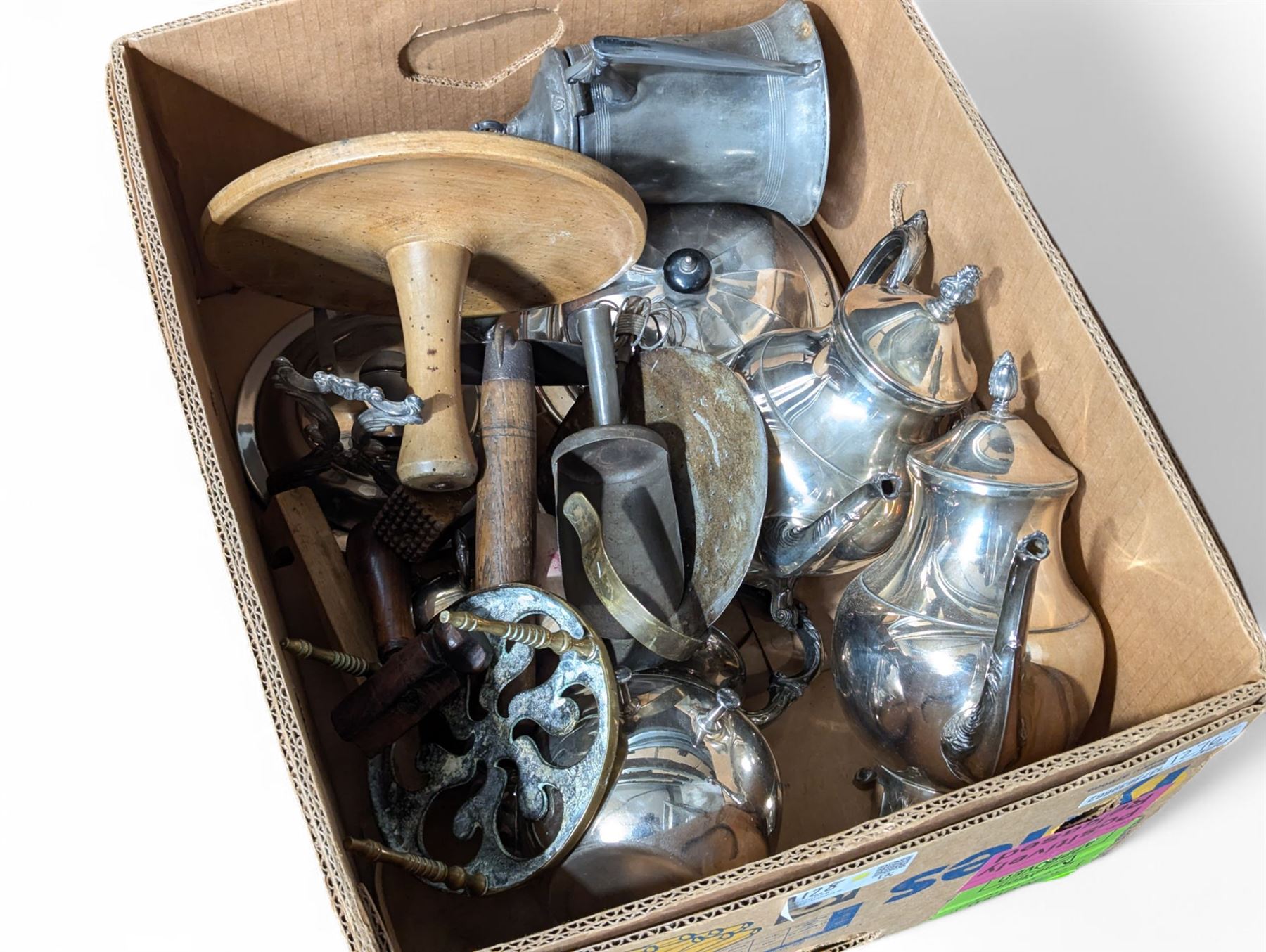 Collection of sliver plate and brass items including buckets and a kettle, butter churner and other kitchen wares etc