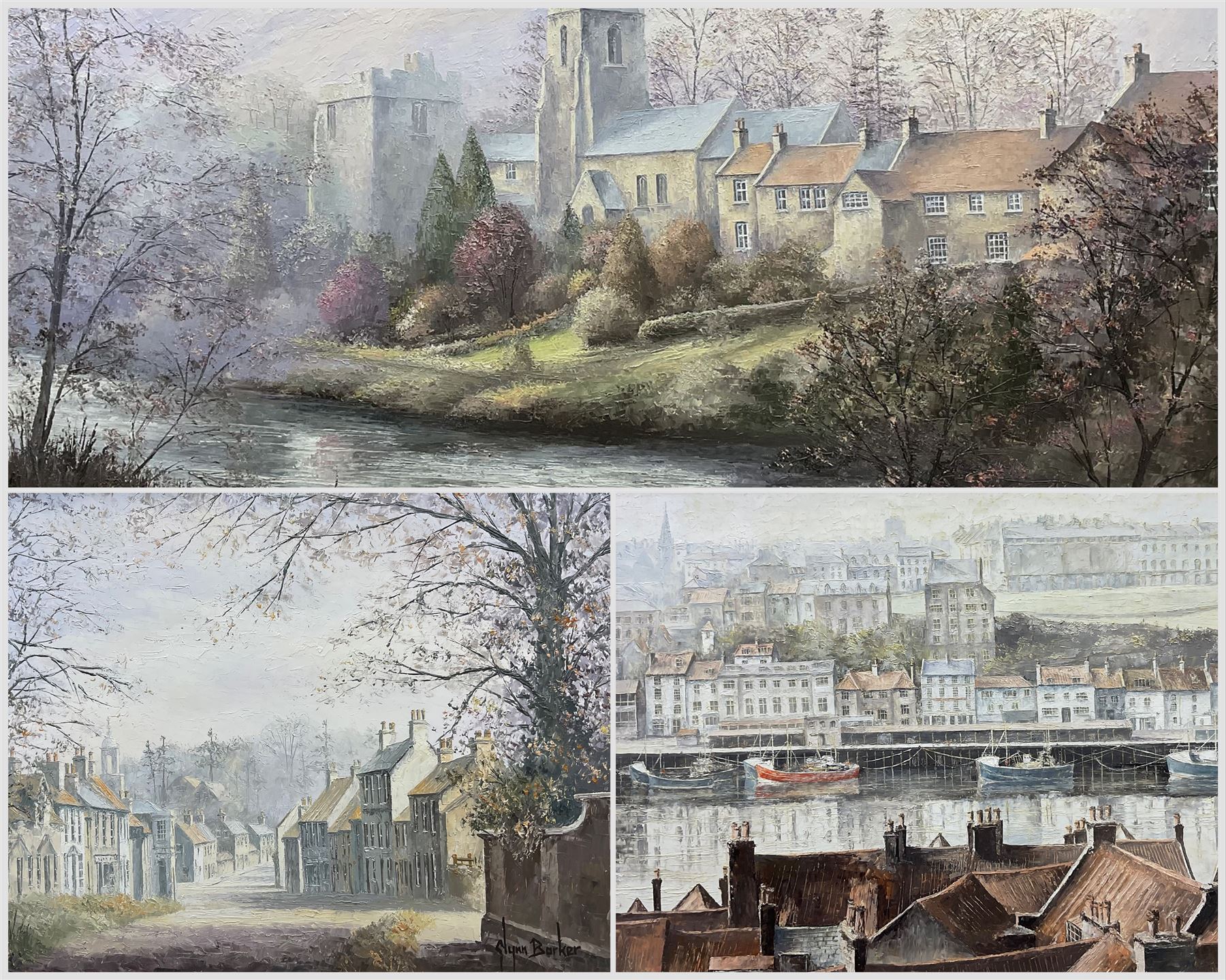 Glynn Barker (Beverley 20th Century): 'Whitby Harbour' 'South Cave Market Place' and a View of Helmsley from the River Rye , three oils on board signed max 50cm x 75cm (3)