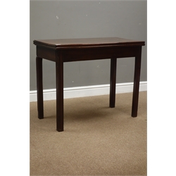  Georgian mahogany tea table, fold over top, single gate leg action base, square moulded supports, W89cm, H71cm, D44cm  