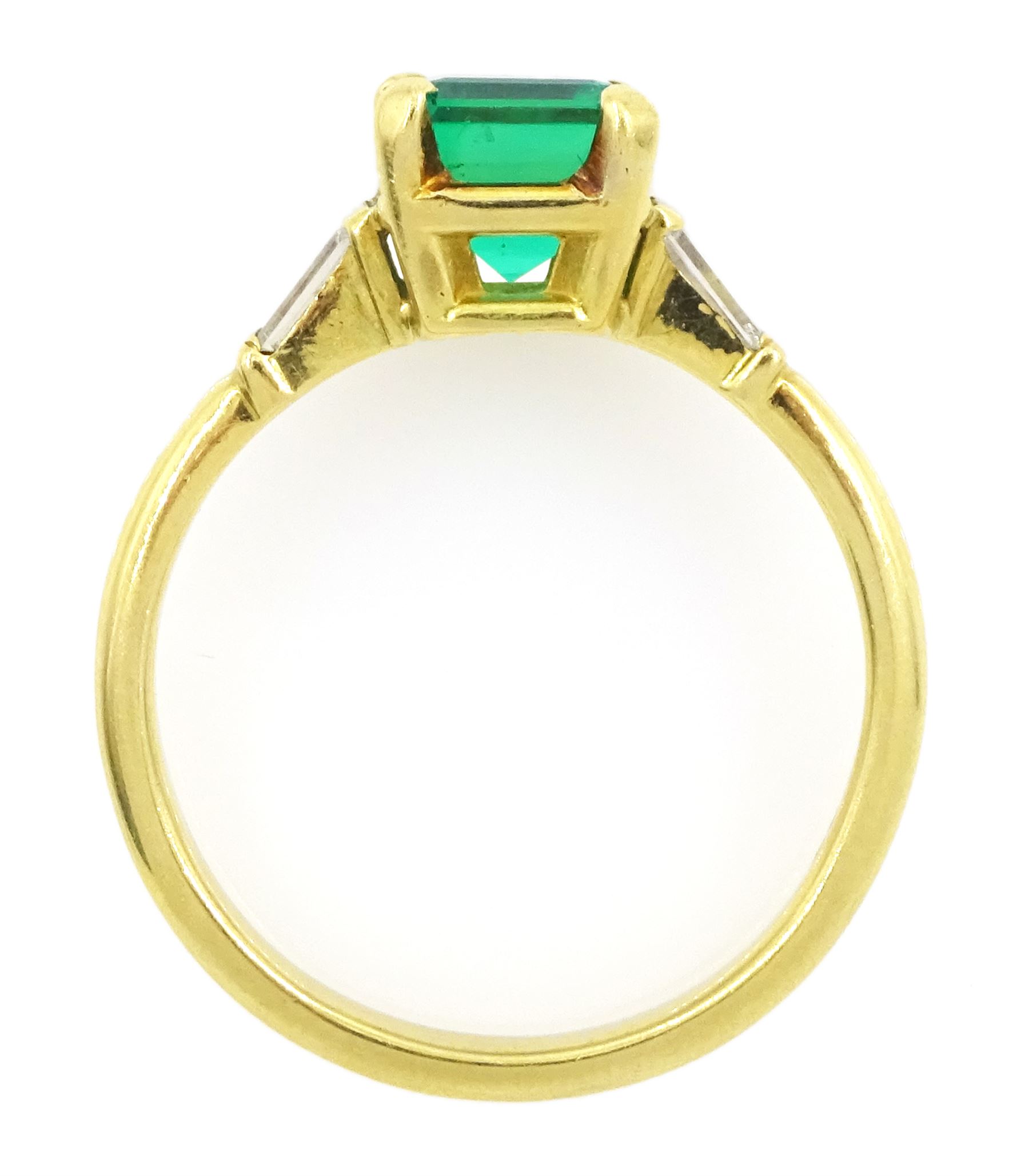 18ct gold three stone square cut emerald and baguette cut diamond ring, hallmarked, emerald approx 1.35 carat