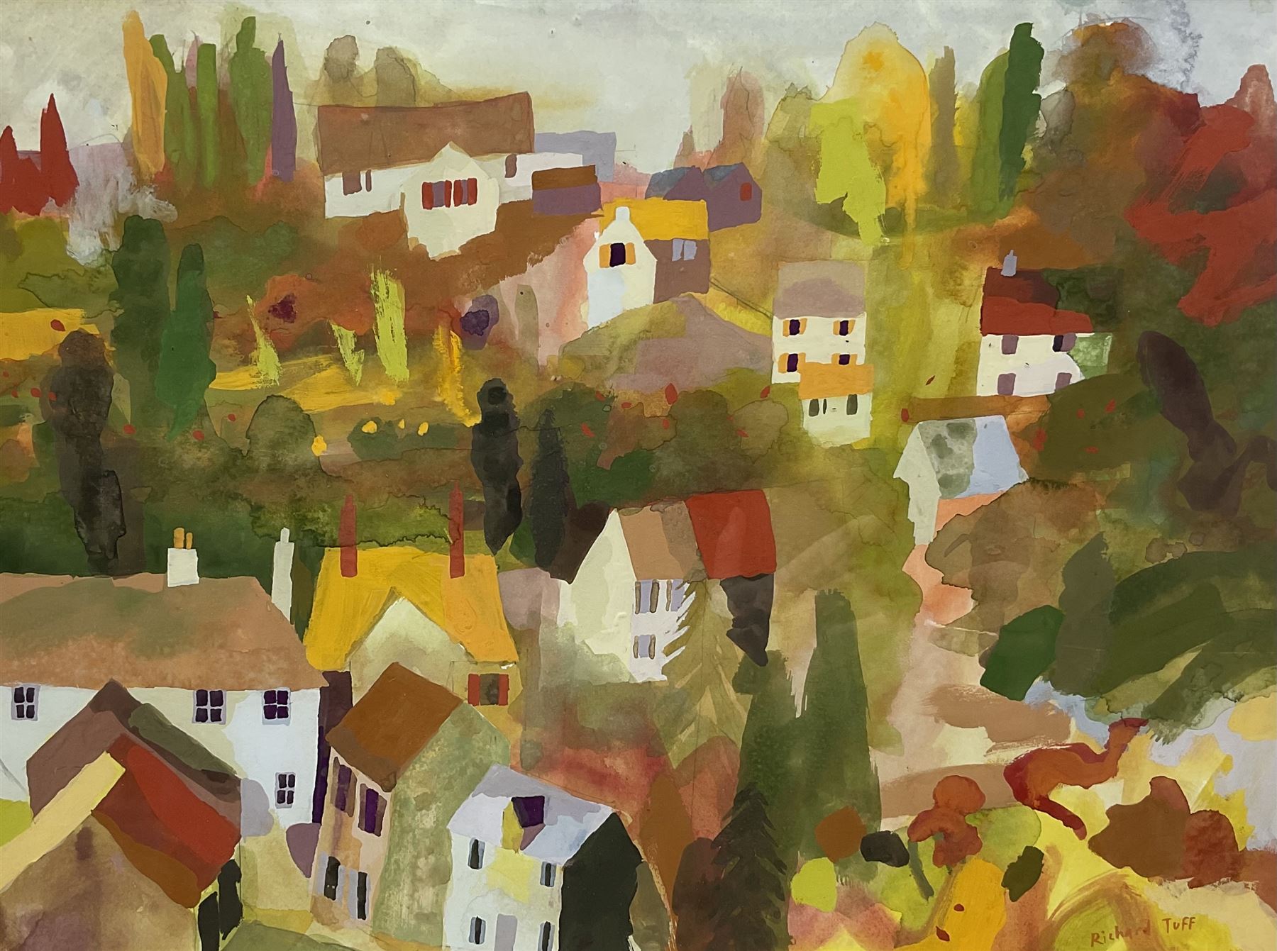 Richard Tuff (British 1965-): 'Houses on the Hill', gouache on paper signed, titled verso 36cm x 48cm 