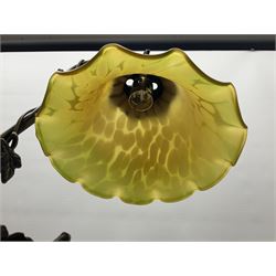 Art Nouveau style lamp in the form of a woman on a swing, with a green mottled shade, upon a marble base H52cm