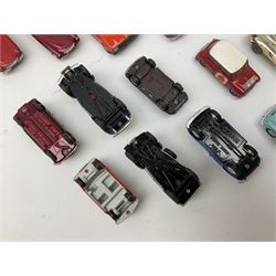 Corgi - thirty unboxed and playworn/repainted die-cast cars including Triumph Herald Coupe, BMC Mini-Cooper 'S', Porsche Carrera, two 'E' Type Jaguars, Rover 2000TC, three Morris Minors, two Aston Martin DB4, two Volvo P1800, MGA, Fiat 2100, Jaguar 2.4 Litre, Jaguar Mark X Saloon etc (30)