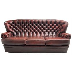 Wade - Georgian design three-seat sofa, high curved back over scrolled arms, upholstered in deep buttoned oxblood 'Pegasus' leather, on castors